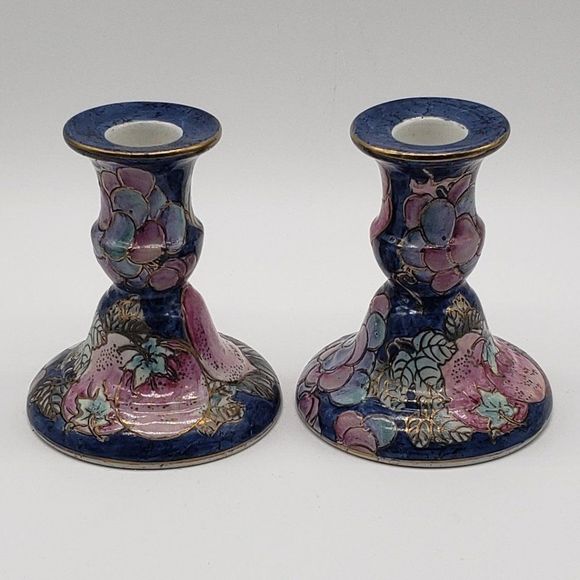 Toyo Porcelain Hand Painted Lilac Blue Gold Fruit Candle Holders - Picture 10 of 12